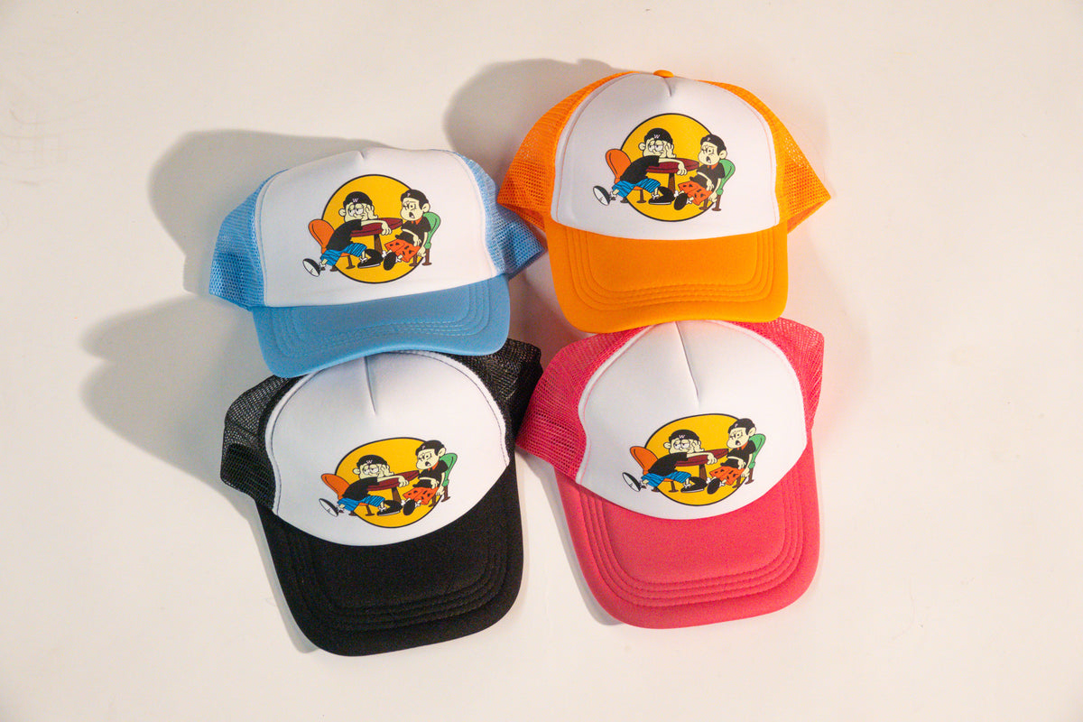 PWee trucker hats in black, orange, blue and pink