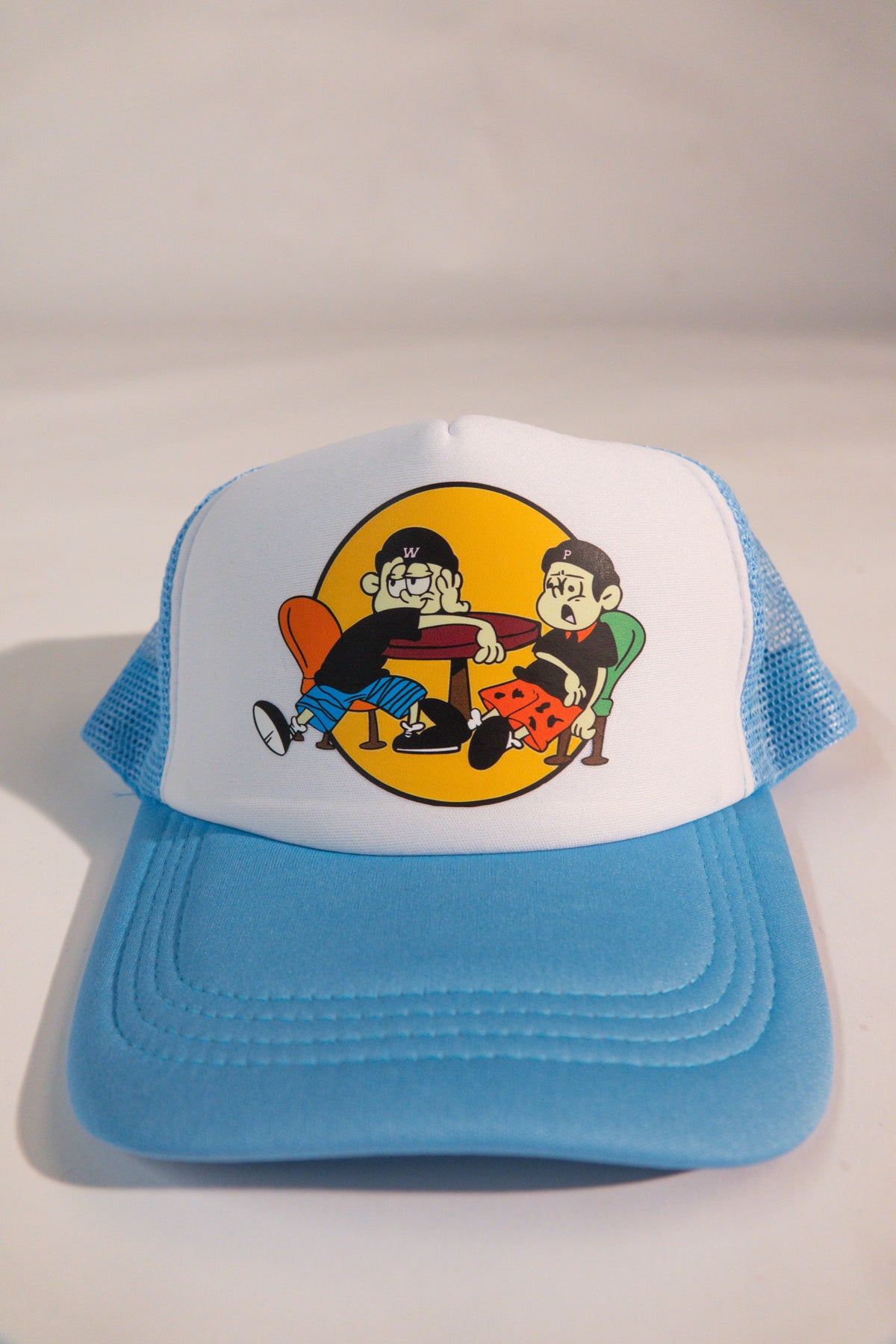 Blue and white PWee trucker hat